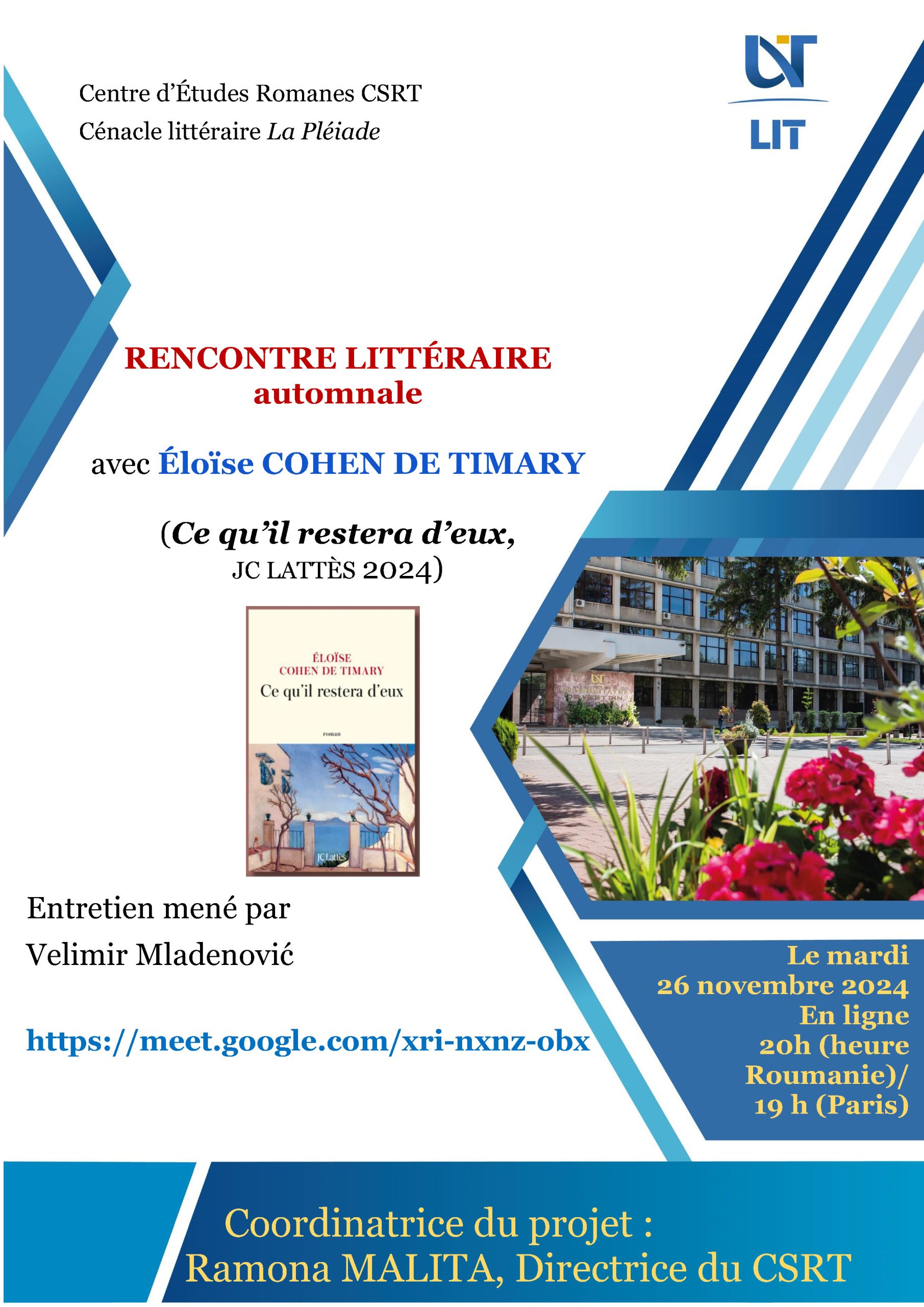 RENCONTRE LITTÉRAIRE automnale avec Éloïse COHEN DE TIMARY