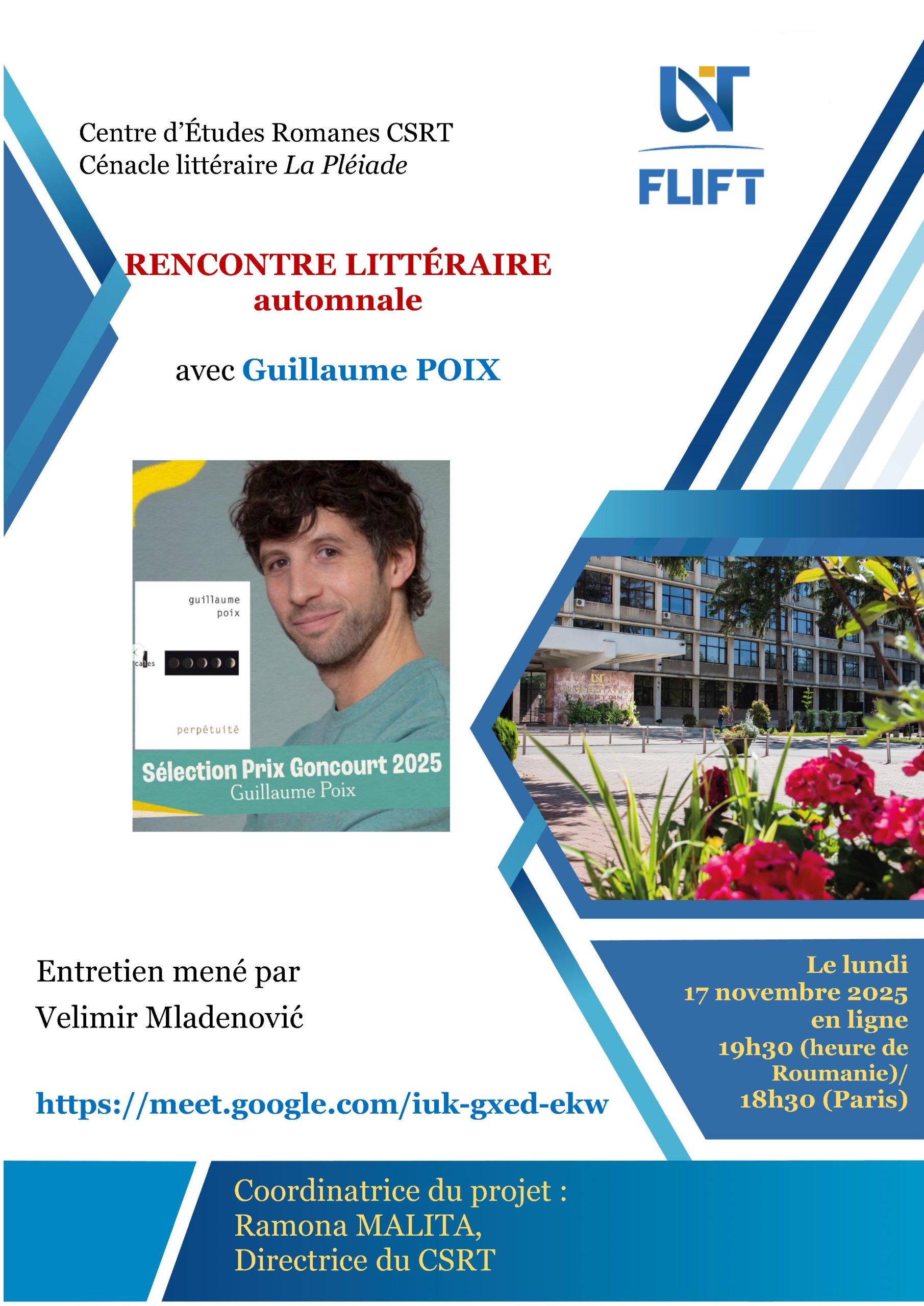 RENCONTRE LITTÉRAIRE automnale avec Guillaume POIX